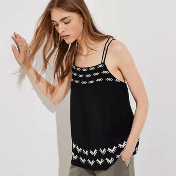 LOFT Tops - LOFT Black Embroidered Criss Cross Strappy Lined Camisole Top Medium